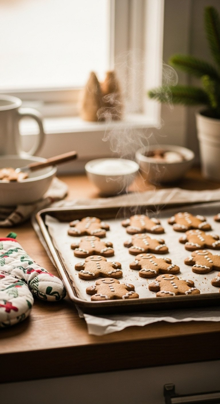 A Baking Sheet Of Freshly Baked Gingerbread Men Cookies, Still Warm With Steam, Rests On A Wooden Counter With Parchment Paper.