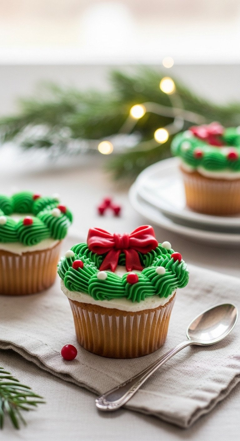 A Beautiful Holiday Cupcake Decorated With A Green Frosting Wreath, A Red Frosting Bow, And Tiny Red Candy Berries.