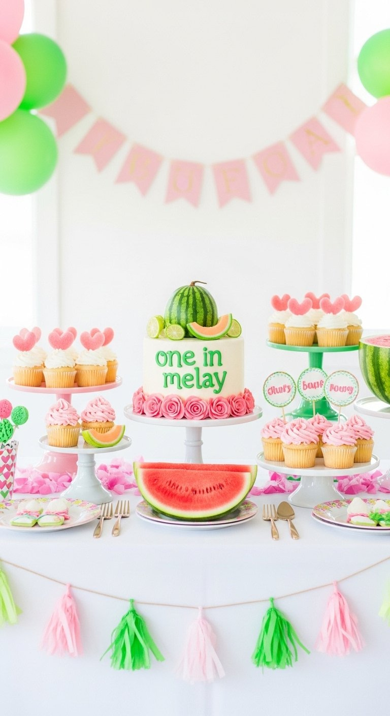 A Beautifully Styled Dessert Table Featuring A Watermelon Cake, Cupcakes, And Fresh Fruit.