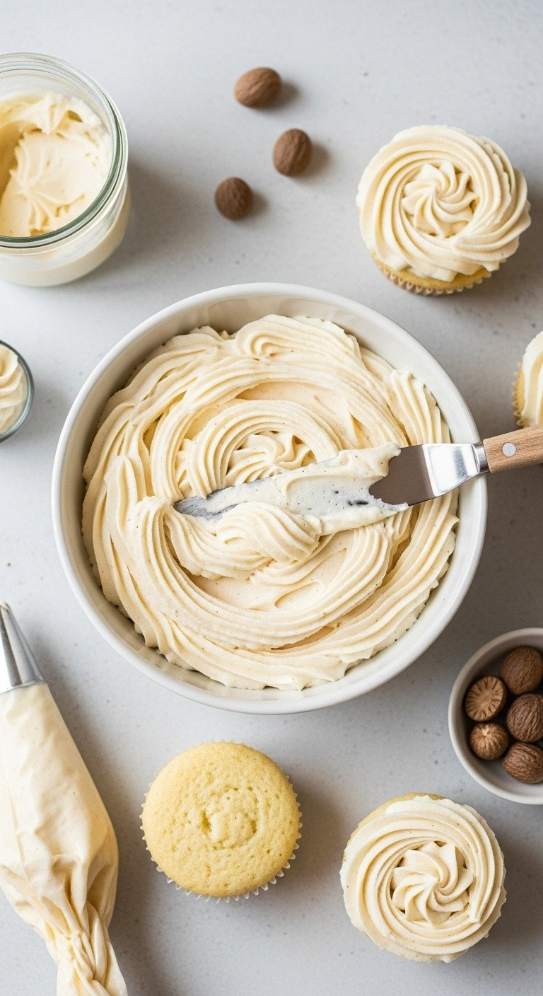 A Bowl Of Fluffy Eggnog Buttercream Frosting With Nutmeg Specks, A Perfect Light And Airy Recipe For Holiday Cupcakes.