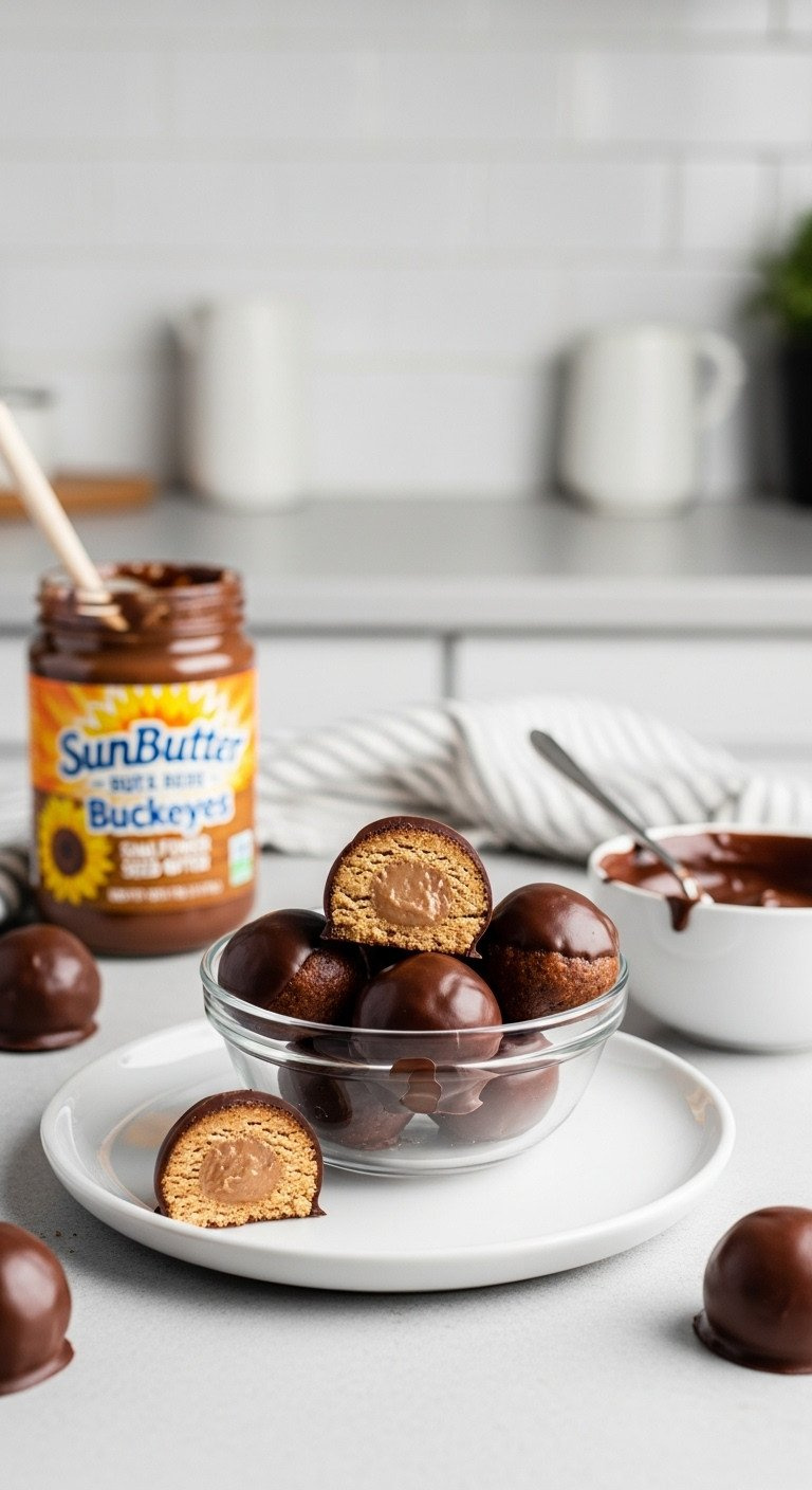 A Bowl Of Nut-Free Sunbutter Buckeyes, With One Cut In Half To Show The Creamy Center On A White Ceramic Plate.