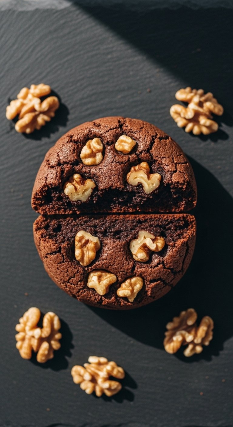 A Broken Brownie Cookie Reveals A Dense Fudgy Interior Studded With Chunky Toasted Walnuts.