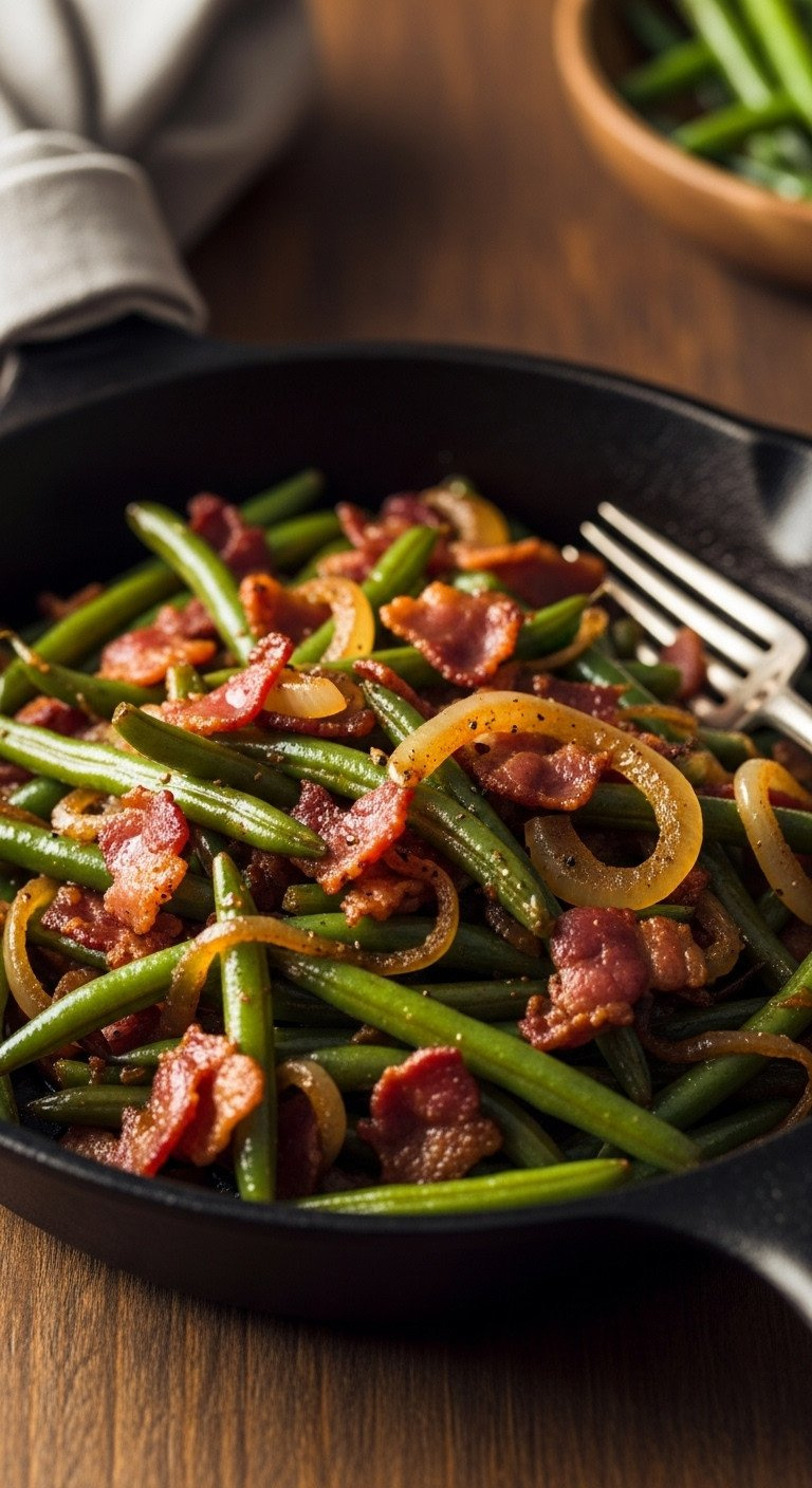 A Cast-Iron Skillet Of Southern-Style Green Beans With Crispy Bacon And Caramelized Onions In Warm, Comforting Light.
