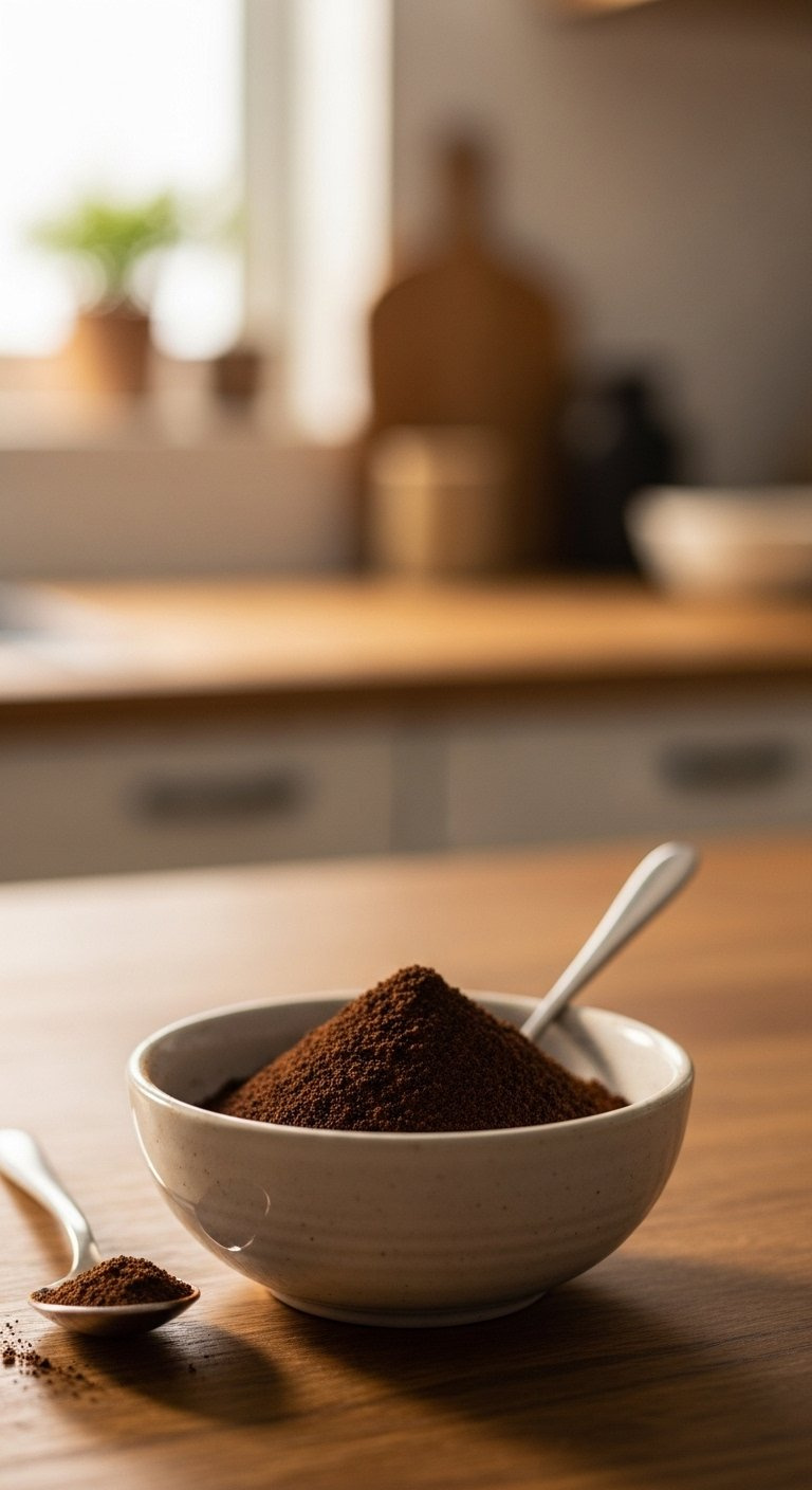 A Ceramic Bowl Filled With Dark Espresso Powder Sits Beside A Teaspoon On A Rustic Wooden Table.