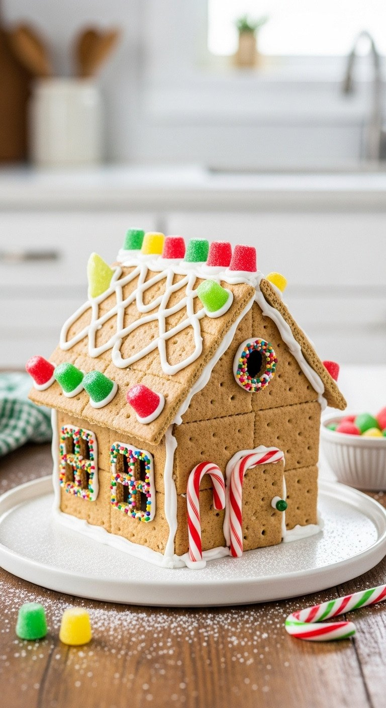A Charming Graham Cracker Gingerbread House Decorated With White Icing Snow, Gumdrops, And Colorful Candy On A Wooden Table.