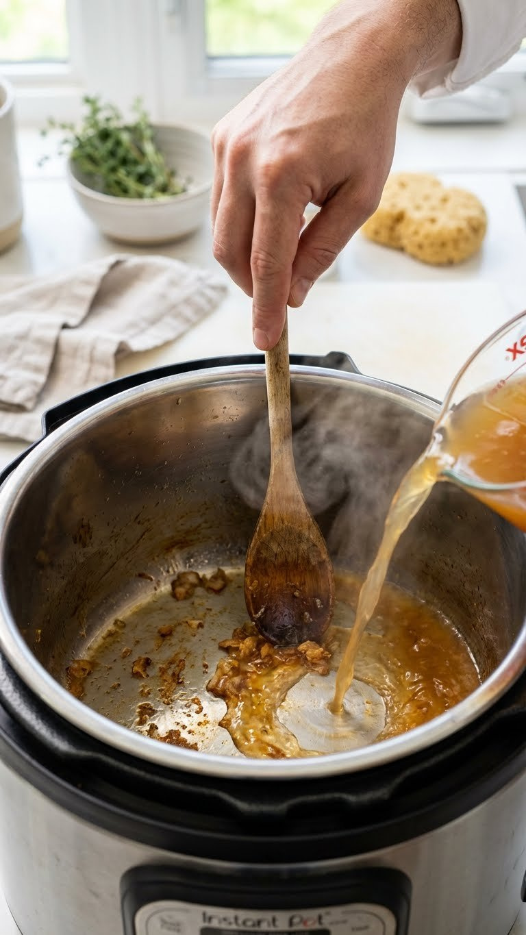 A Chef's Hand Scrapes Brown Bits From An Instant Pot Liner With A Wooden Spoon While Liquid Is Poured In, Creating Steam.