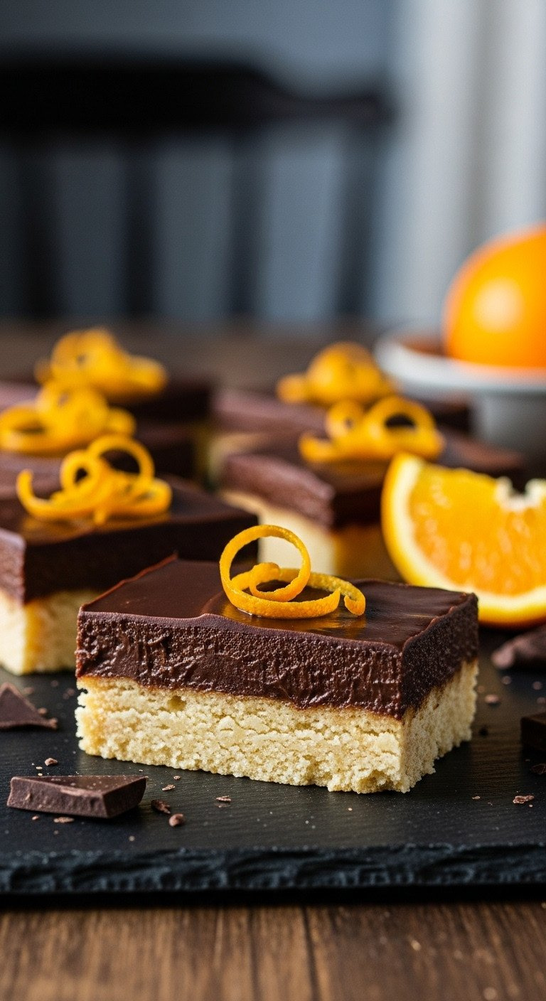 A Chocolate Orange Shortbread Bar With A Glossy Ganache Layer And Orange Zest Curl On A Dark Slate Board For A Recipe.