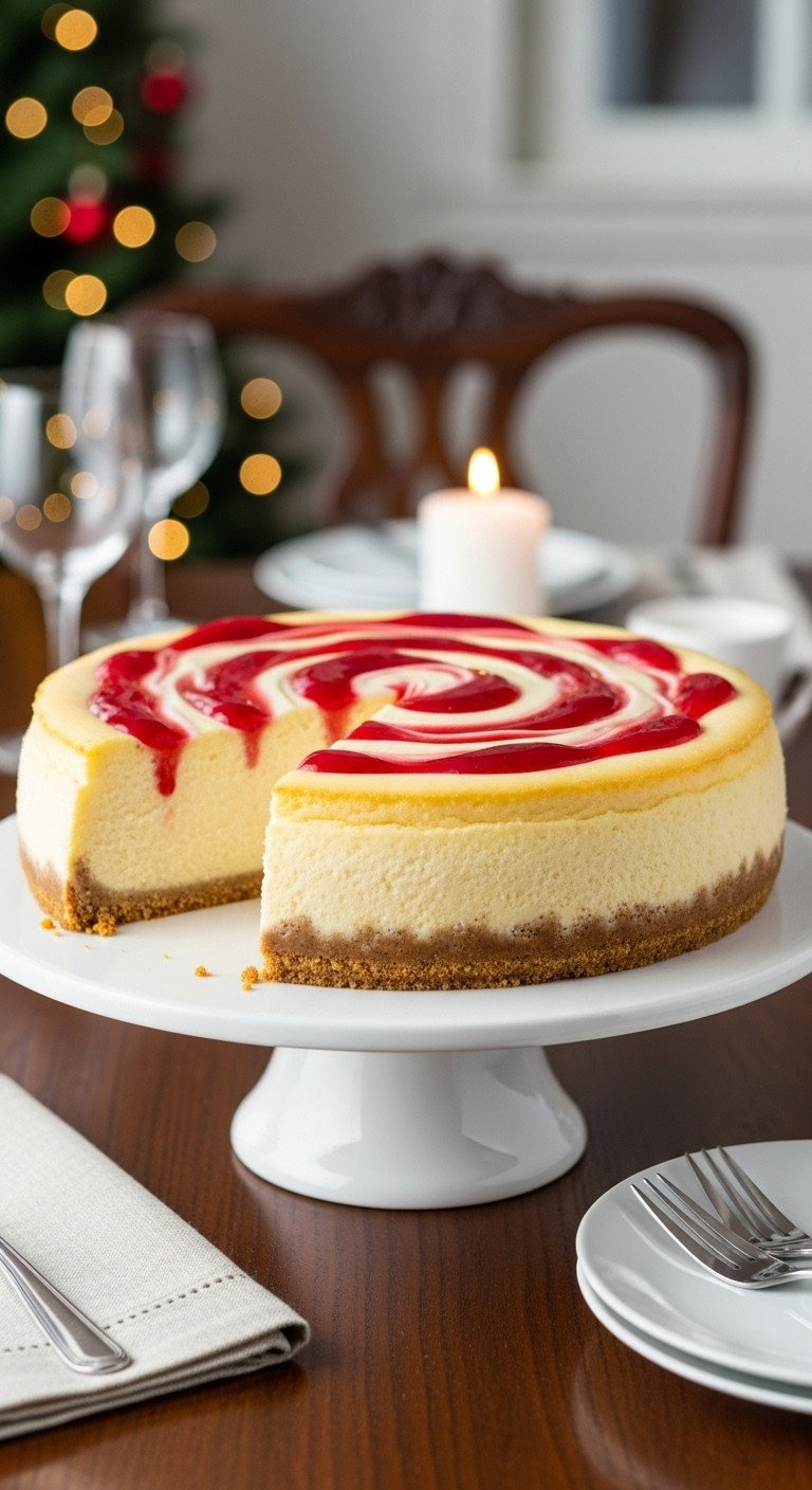 A Classic New York-Style Cheesecake With A Graham Cracker Crust And Cherry Topping, Presented On A White Ceramic Cake Stand.