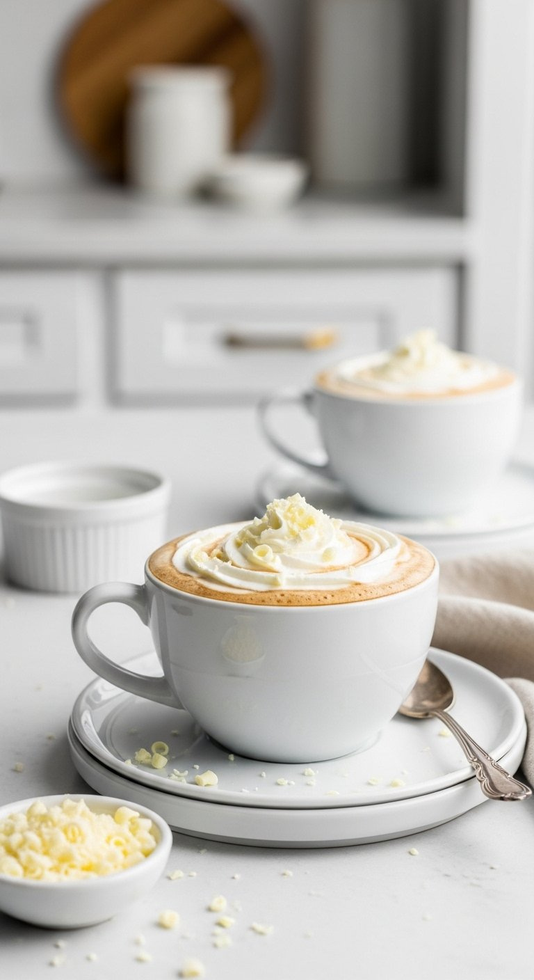 A Classic White Cup Filled With Velvety White Chocolate Mocha Topped With Whipped Cream And White Chocolate Shavings.