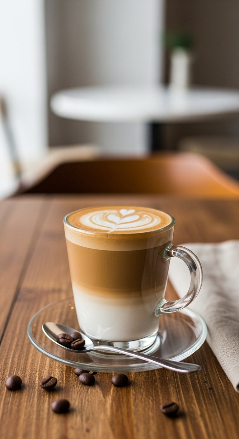 A Clear Glass Mug Of Cafe Latte Featuring Espresso Layers And Heart Foam Art On A Rustic Wooden Table.