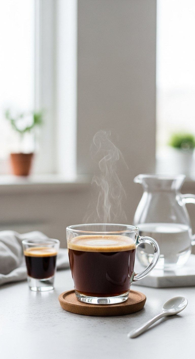 A Clear Glass Mug Of Deep Amber Caffe Americano With A Delicate Crema Layer And Subtle Rising Steam.