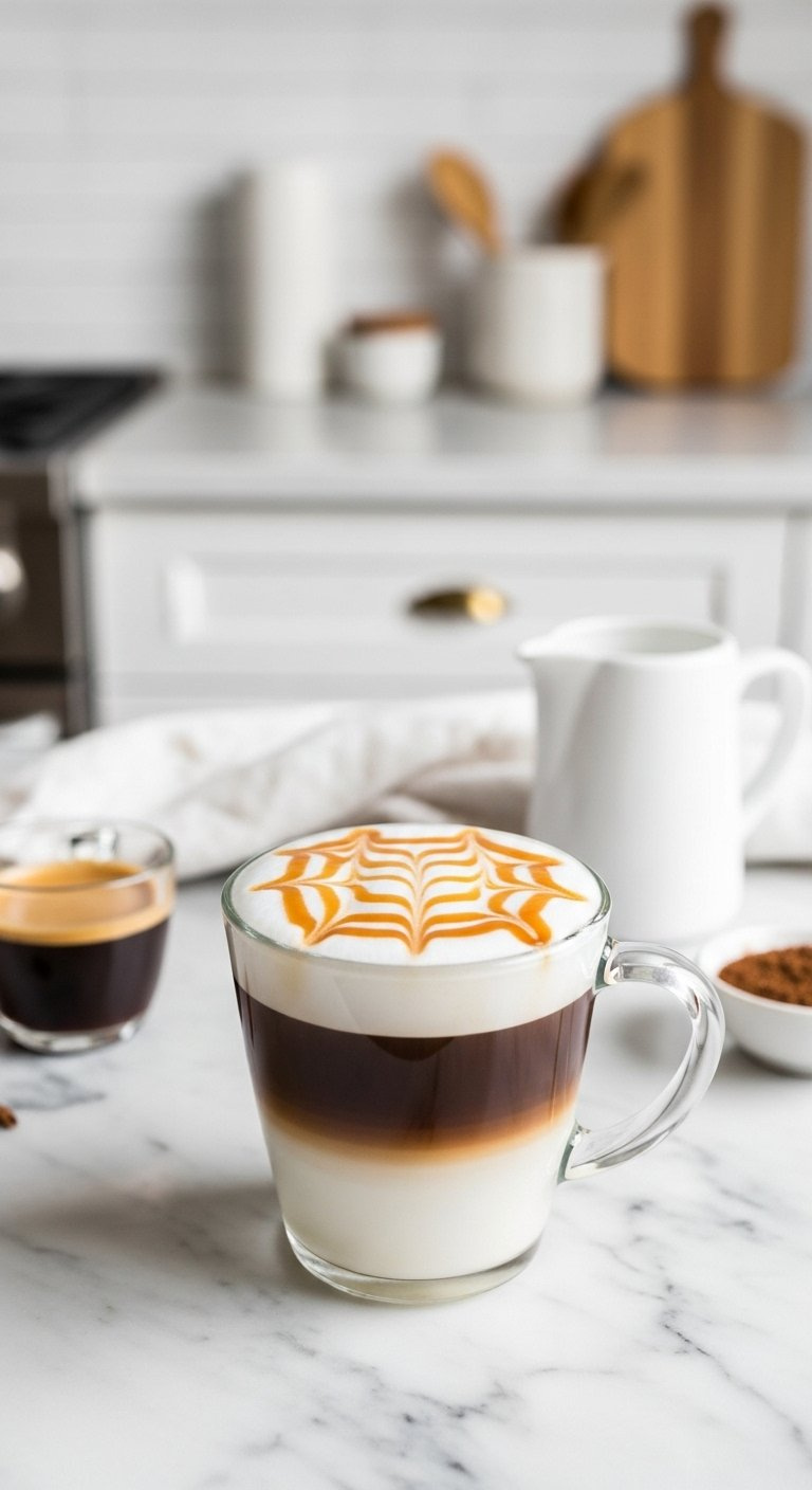 A Clear Glass Mug Of Homemade Caramel Macchiato Featuring Distinct Layers And A Golden Caramel Lattice Drizzle.