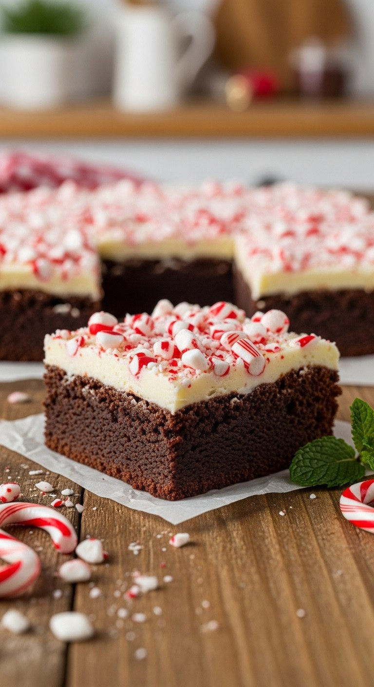 A Close-Up Of A Fudgy Peppermint Bark Brownie With A White Chocolate Layer And Crushed Candy Canes On A Rustic Wood Table.