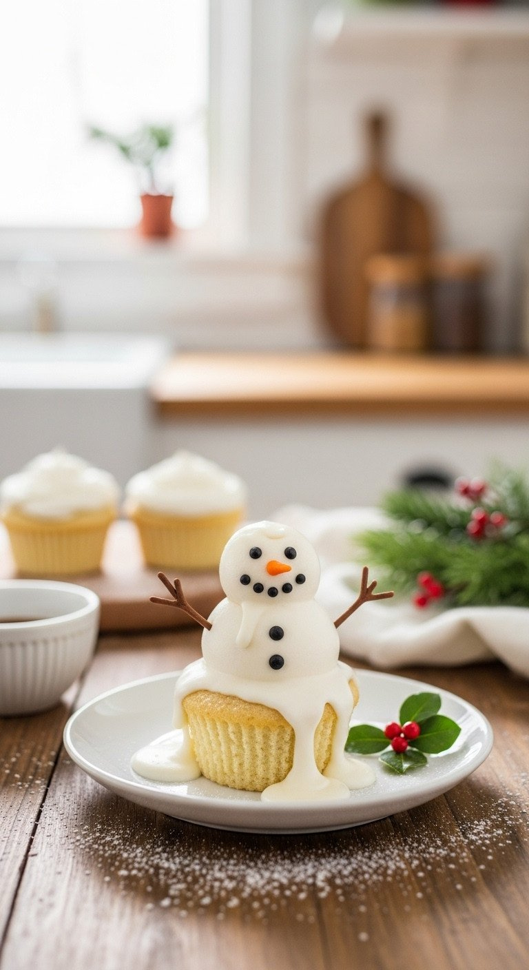 A Close-Up Of A Melted Snowman Cupcake With White Frosting, Dusted With Powdered Sugar Snow On A Rustic Wooden Table.