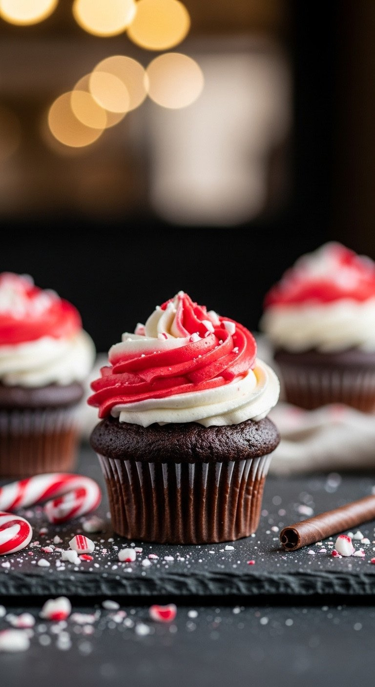 A Close-Up Of A Peppermint Mocha Cupcake With Red And White Swirled Frosting, Topped With Crushed Candy Canes.