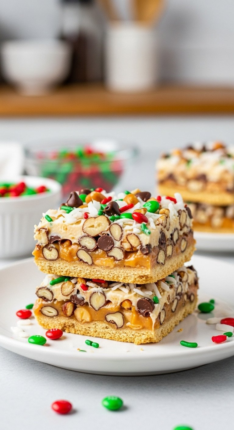 A Close-Up Of A Seven Layer Holiday Magic Bar With Chocolate, Butterscotch, And Coconut On A Graham Cracker Crust.
