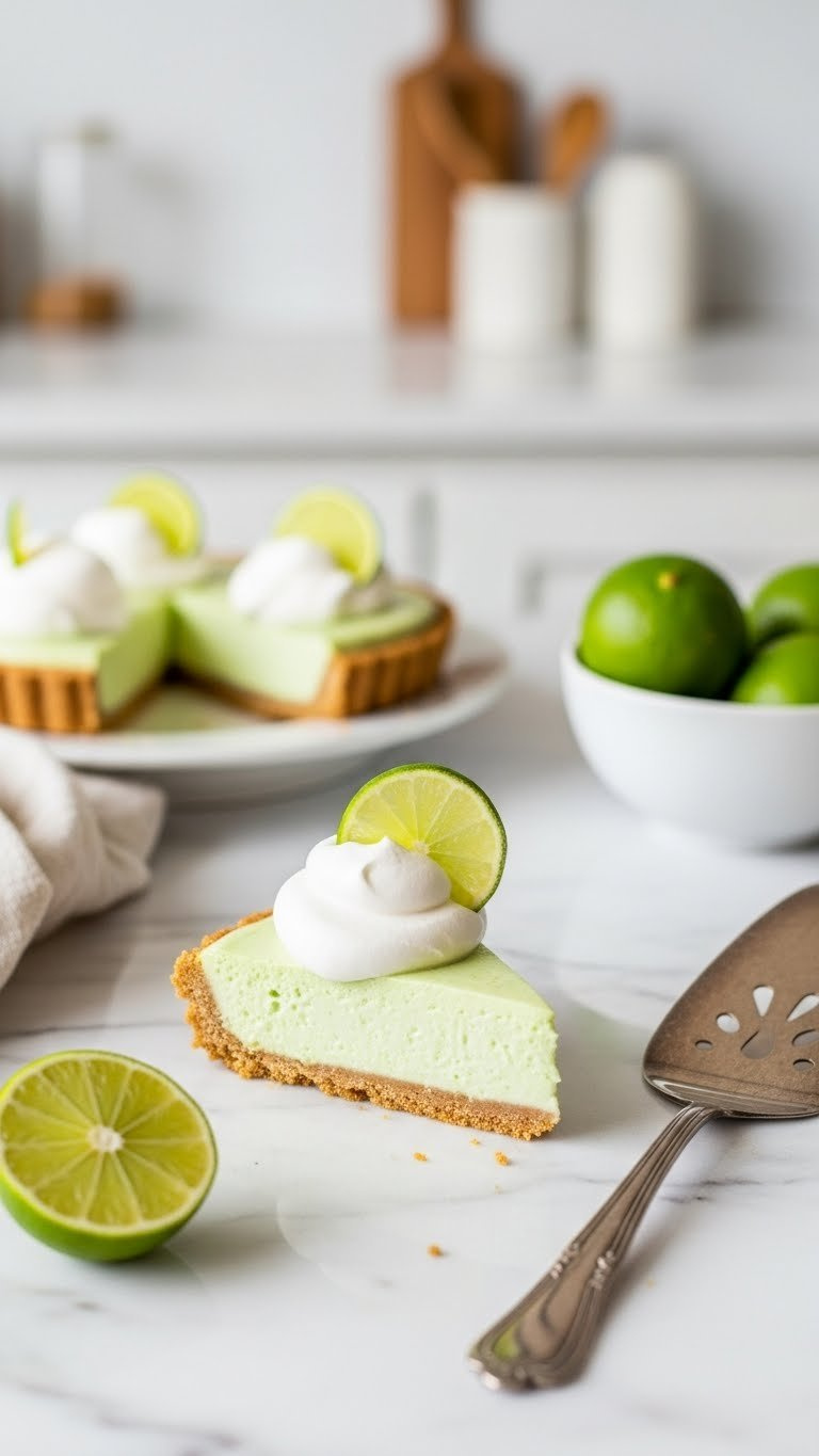 A Close-Up Of A Vibrant Mini Key Lime Pie Slice With Pale Green Filling, Golden Graham Cracker Crust, Whipped Cream, And A Lime Wheel Garnish On A Marble Counter.
