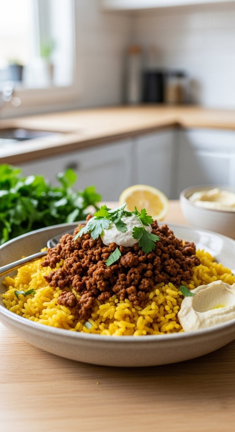 A Close-Up Of Fluffy Turmeric Rice Topped With Crumbled Spiced Ground Lamb In A Rustic Ceramic Bowl With Fresh Parsley And Hummus.