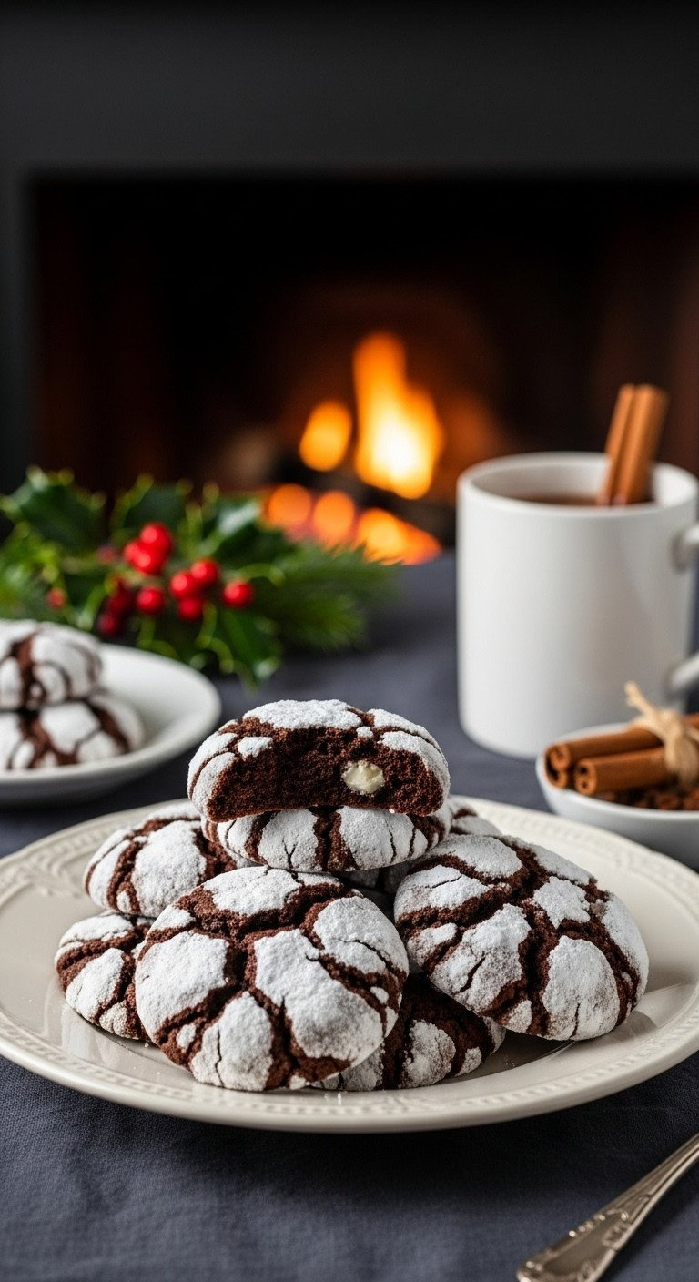 A Close-Up Of Fudgy Chocolate Crinkle Cookies With Powdered Sugar Cracks, Piled On A Vintage Plate For A Cozy Holiday Treat.