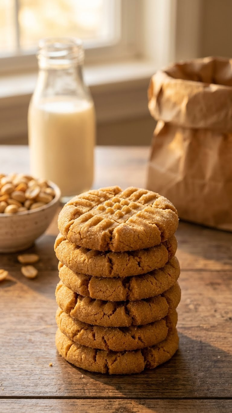 A Close-Up Of Golden-Brown 3-Ingredient Peanut Butter Cookies With Classic Fork Marks And A Chewy Texture On A Rustic Wooden Table.