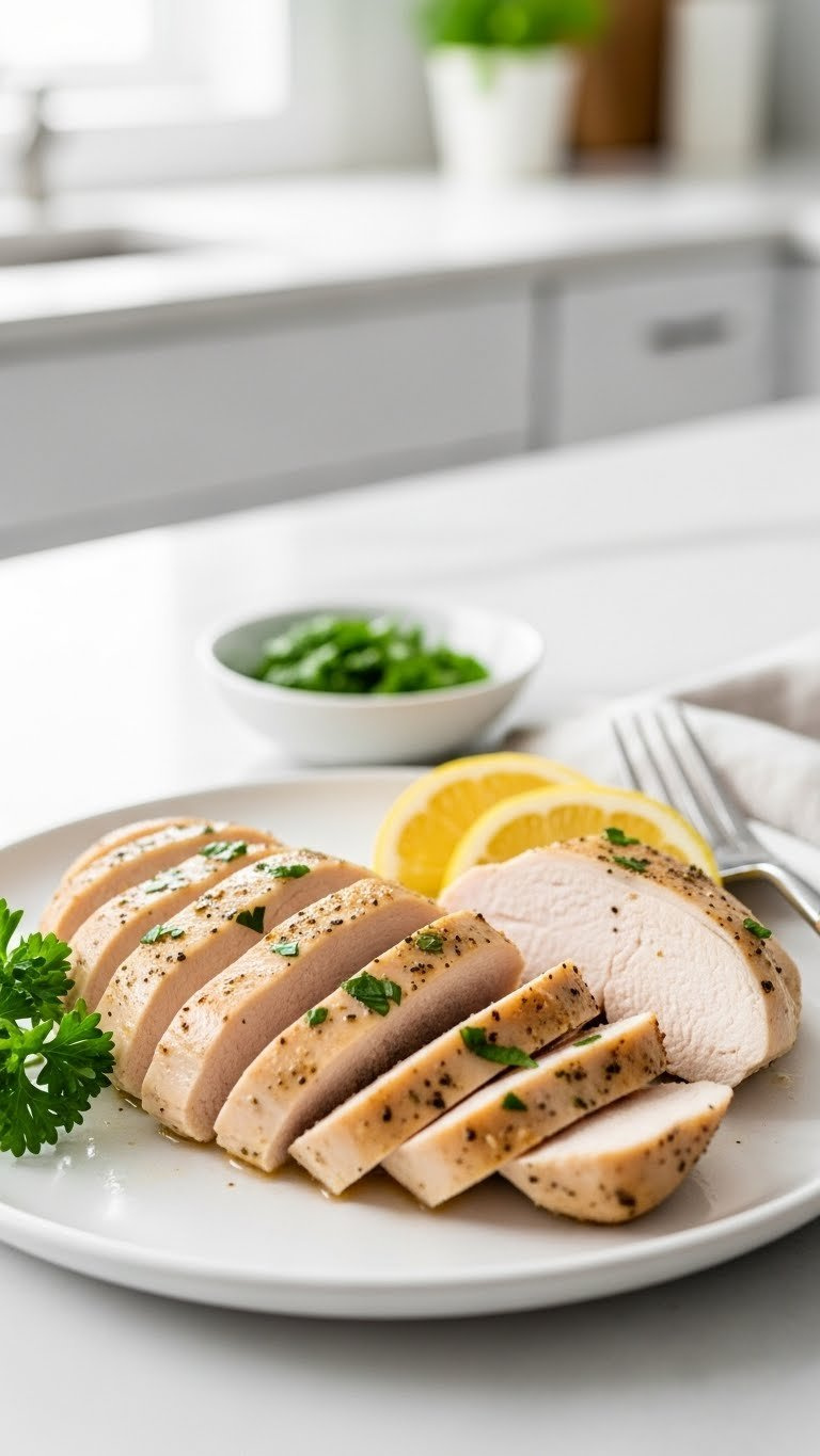A Close-Up Of Perfectly Cooked, Thinly Sliced Chicken Breast On A White Plate With Parsley And Lemon Wedges, Ready To Serve In A Modern Kitchen.