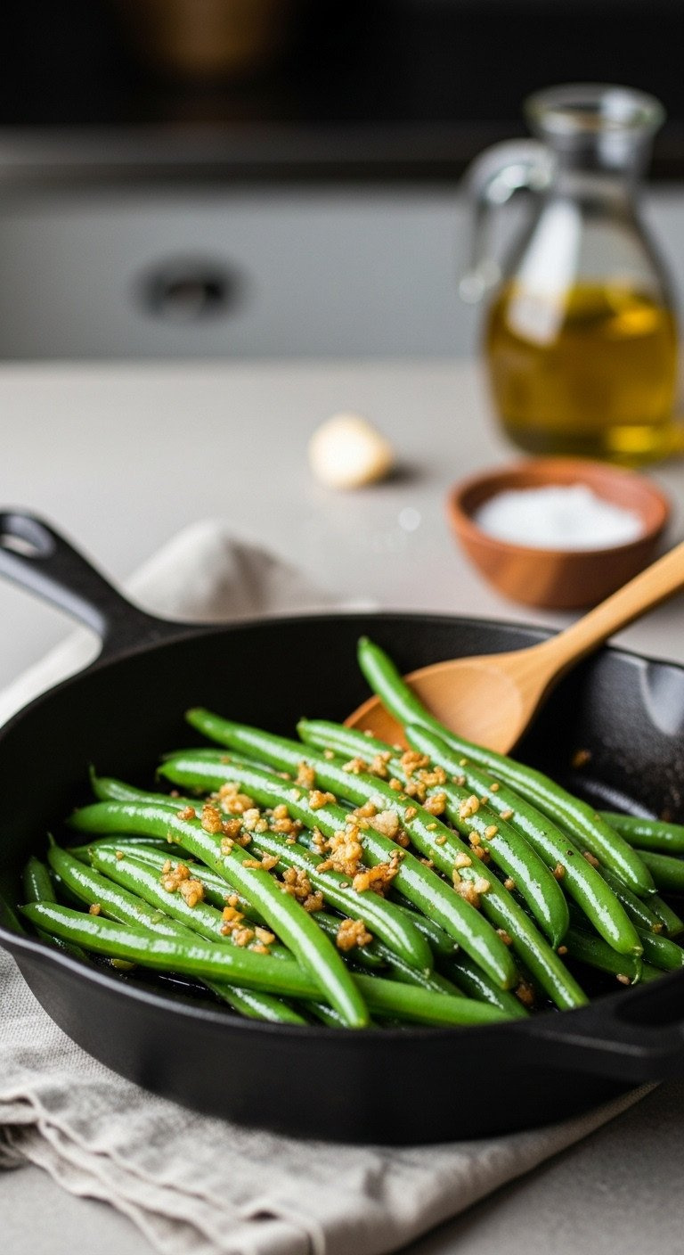 A Close-Up Of Perfectly Sautéed Green Beans With Garlic, Glistening In A Rustic Cast-Iron Skillet With A Wooden Spoon.