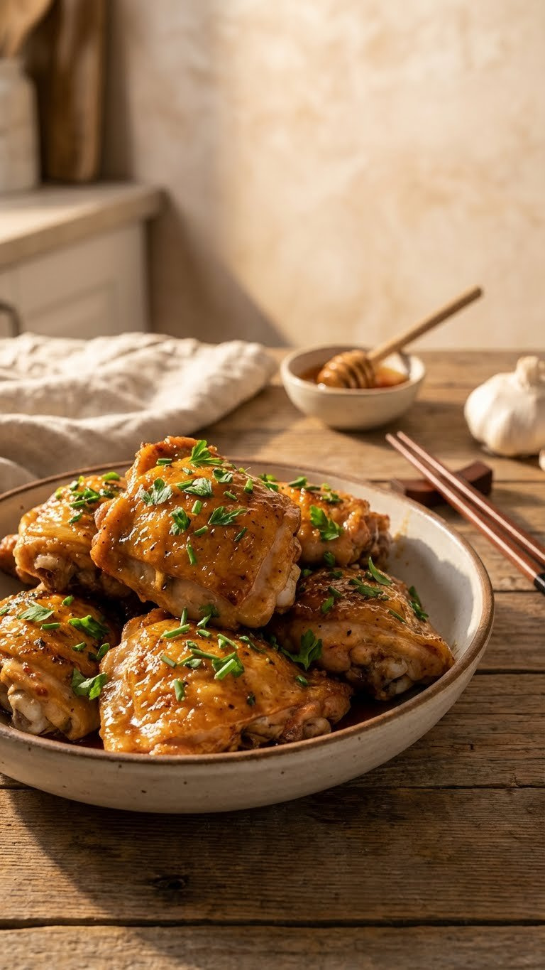 A Close-Up Of Succulent Instant Pot Honey Garlic Chicken, Glazed Golden Brown With Fresh Green Herbs On A Rustic Wooden Table, Alongside Honey And Garlic.