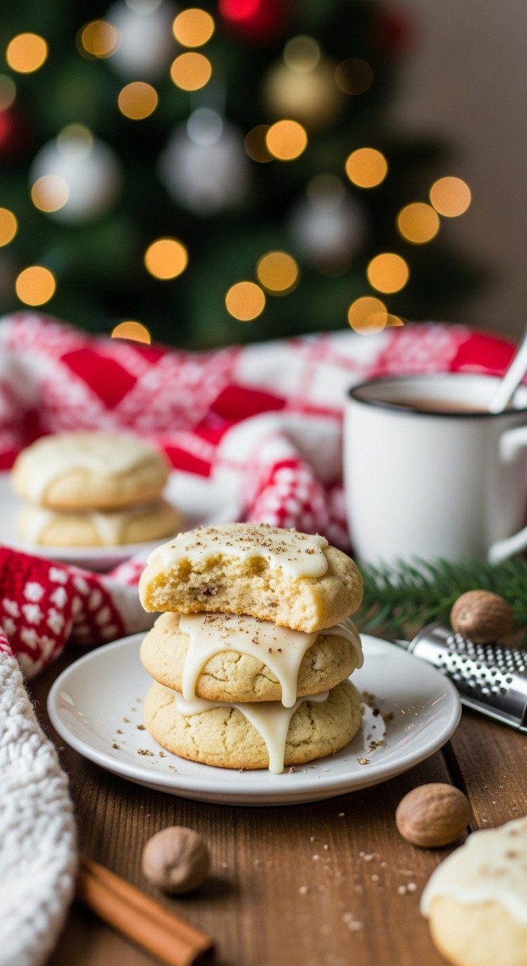 A Close-Up Of Three Soft Eggnog Cookies With Thick Glaze And Nutmeg, Stacked On A Rustic Wood Table For A Cozy Christmas Recipe.