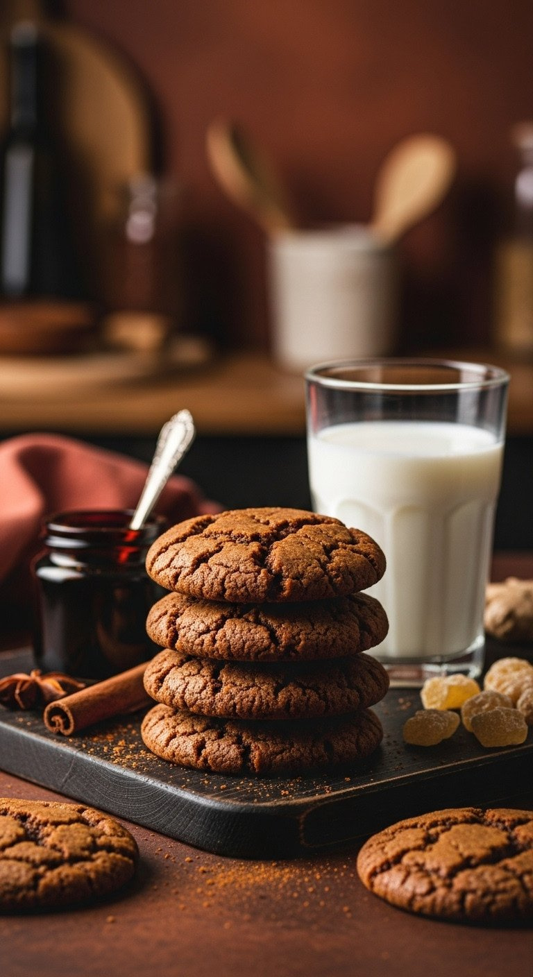 A Close-Up Stack Of Chewy Spiced Molasses Cookies With Crackly Tops, Sitting On A Rustic Board Next To A Glass Of Milk.