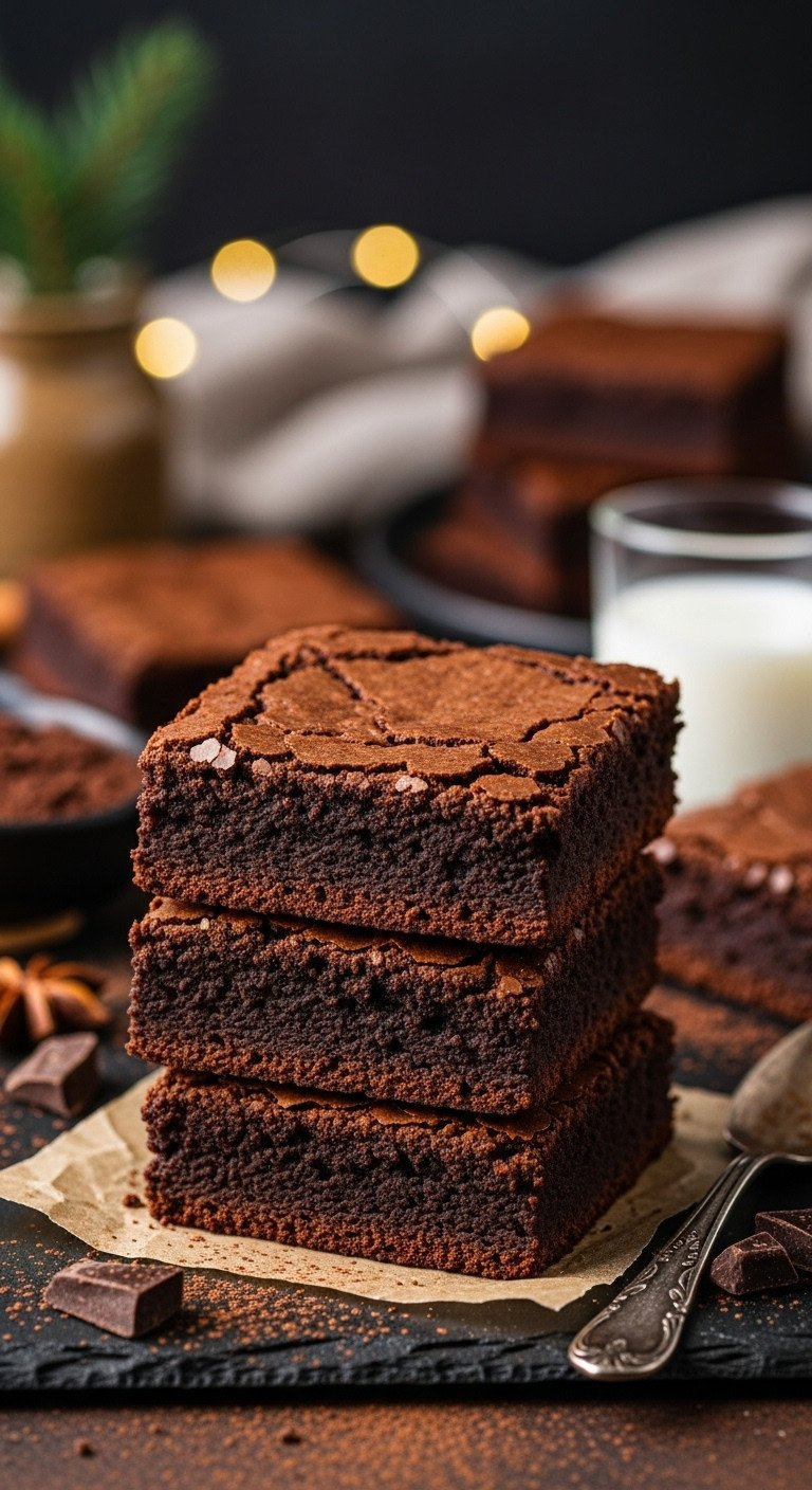 A Close-Up Stack Of Thick, Fudgy Brownies With Shiny, Crackly Tops, Resting On Parchment Paper For A Decadent Dessert.