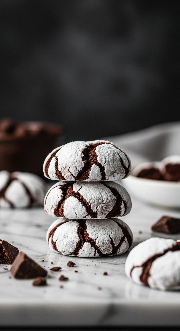 A Close-Up Stack Of Three Dairy-Free Chocolate Crinkle Cookies, Showing The Cracked Powdered Sugar Exterior On A Marble Top.