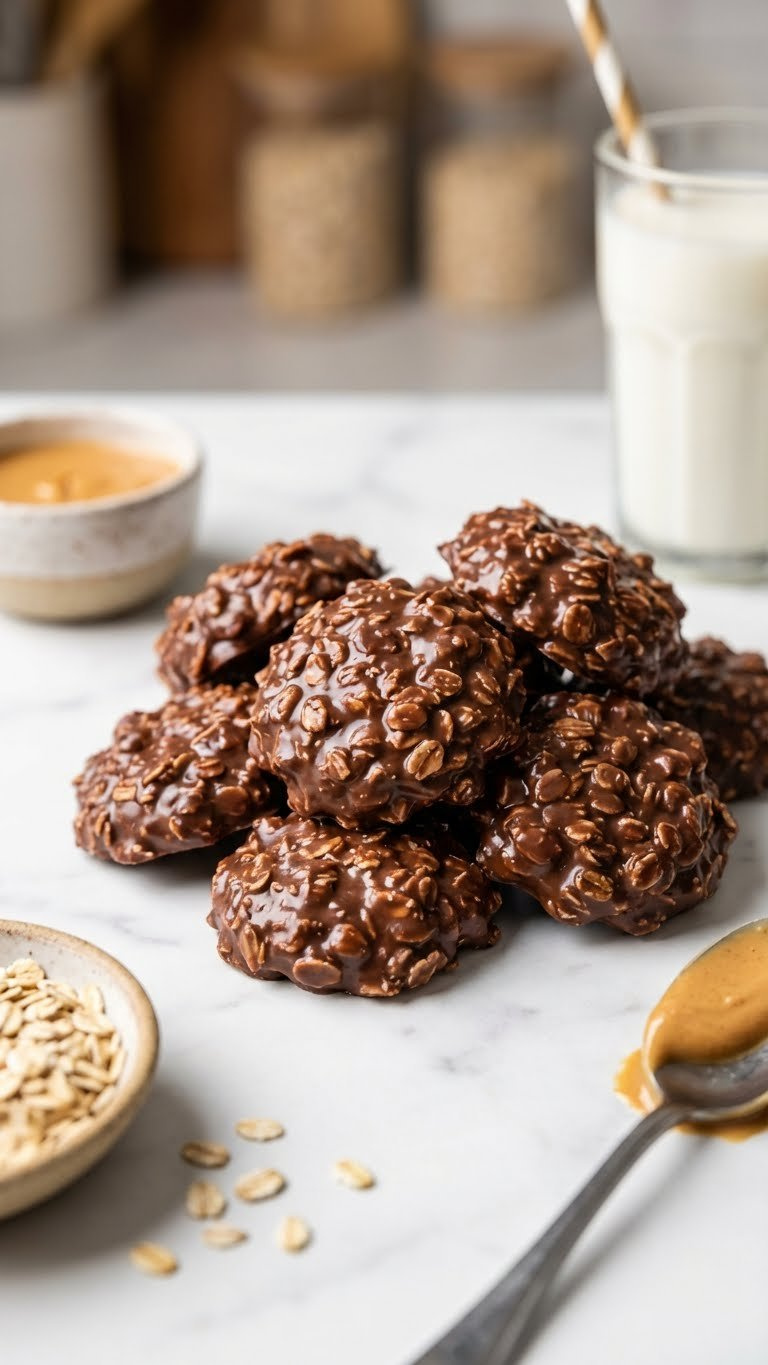 A Cluster Of Glossy No-Bake Chocolate Peanut Butter Cookies With Visible Oats, Served On A White Marble Countertop With Milk.