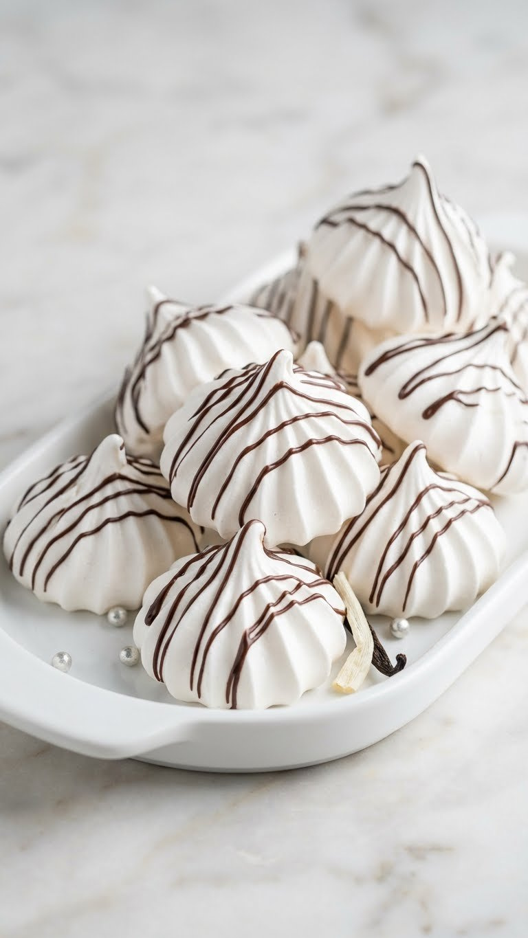 A Cluster Of Light, Airy Meringue Kisses With Elegant Dark Chocolate Drizzles, Served On A Minimalist White Dish With Silver Pearls.
