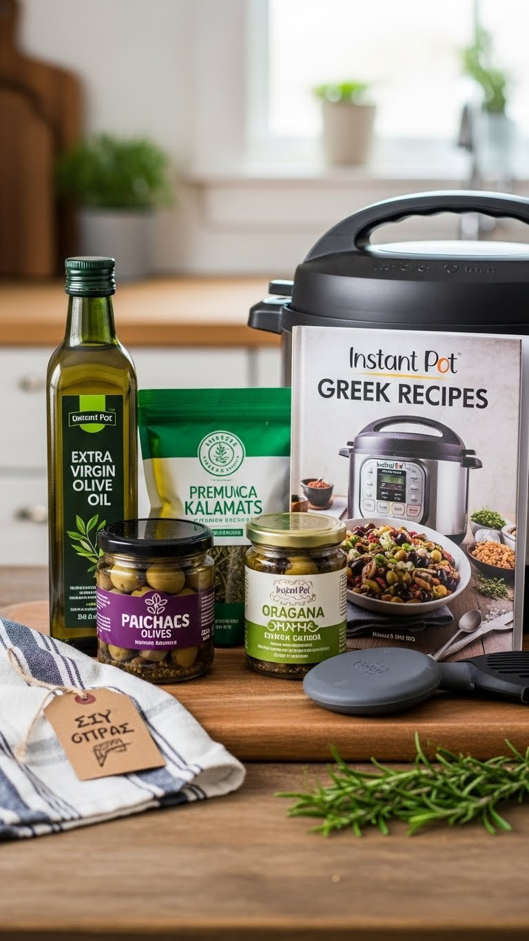 A Collection Of Instant Pot Greek Foodie Gifts, Including Olive Oil, Olives, Oregano, And A Cookbook, Displayed On A Wooden Board.