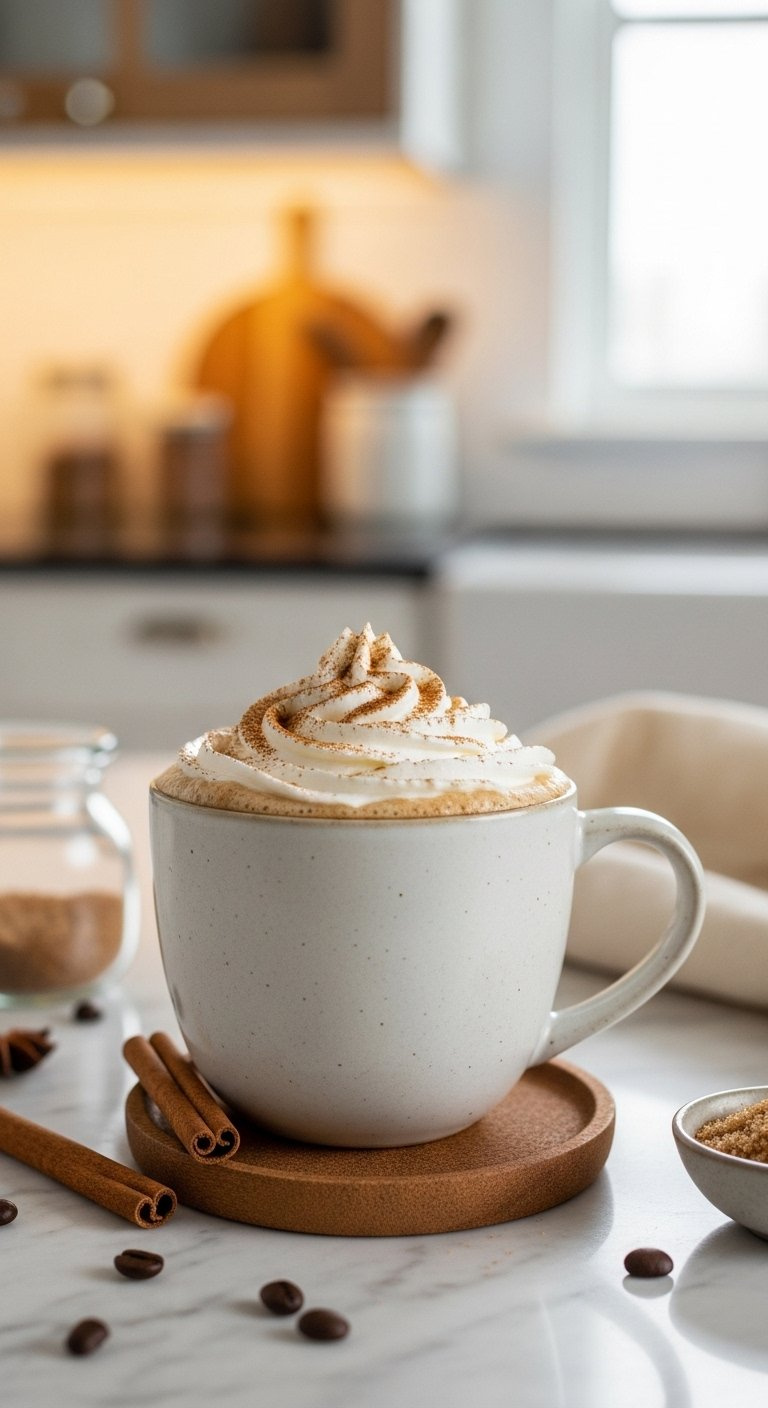 A Comforting Cinnamon Dolce Latte Topped With Whipped Cream And Ground Cinnamon On A Marble Counter.