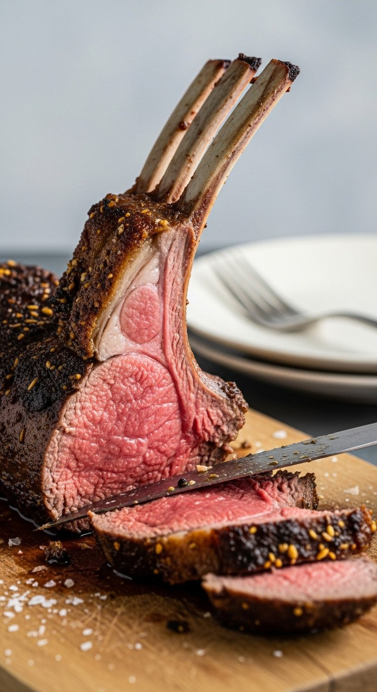 A Cooked Lamb Chop Being Sliced On A Wood Board, Revealing A Juicy, Pink Medium-Rare Center And A Crispy Seared Crust.