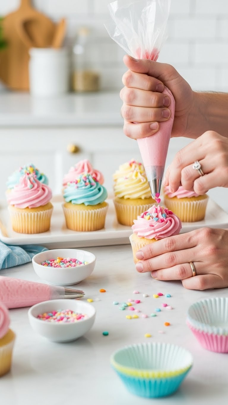 A Couple's Hands Decorating Cupcakes With Pink Frosting And Heart Sprinkles Against A Backdrop Of Finished Cupcakes