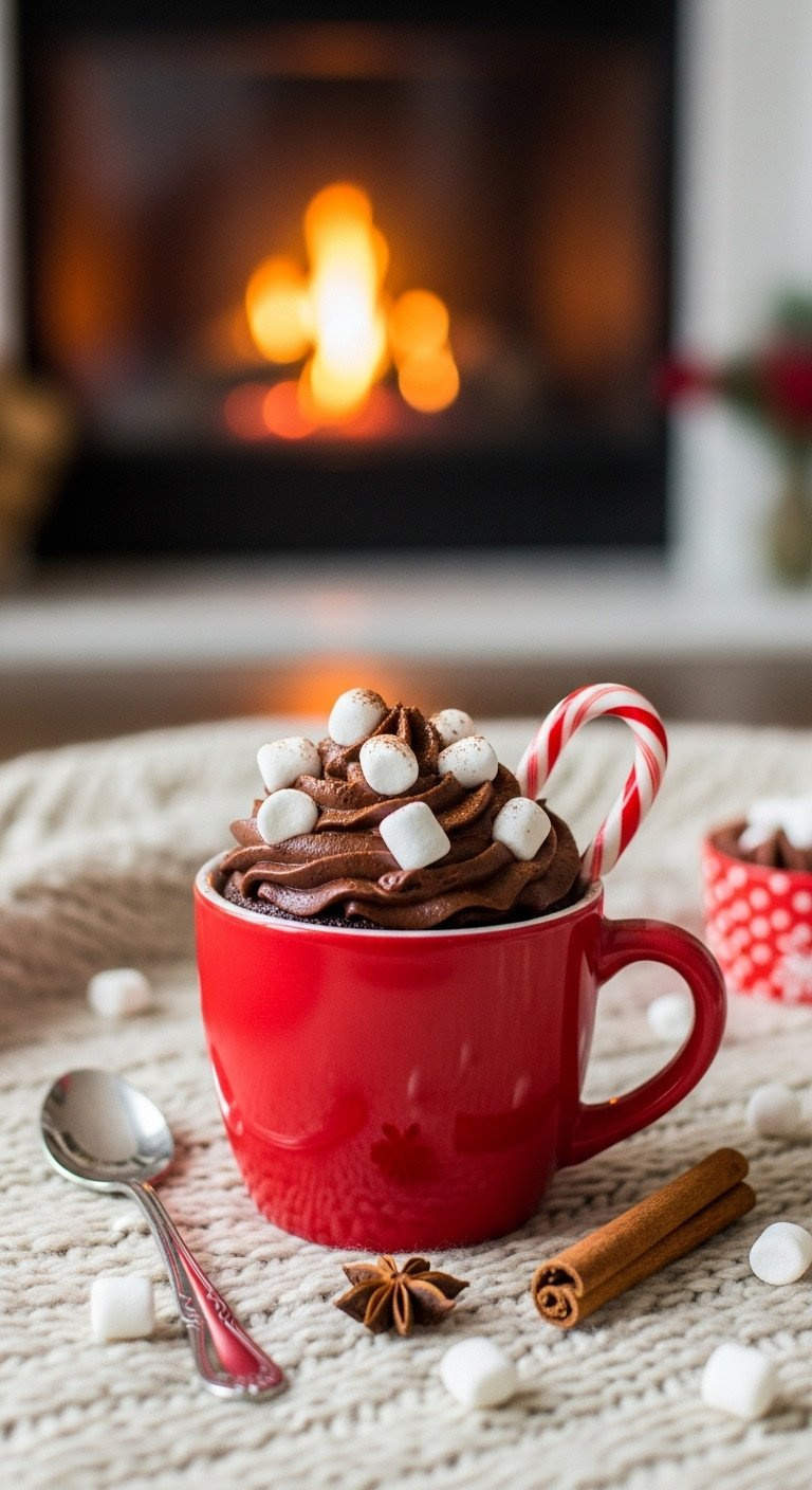 A Cozy Hot Chocolate Cupcake With Mini Marshmallows And A Candy Cane Handle, Set On A Chunky Knit Blanket By A Fire.