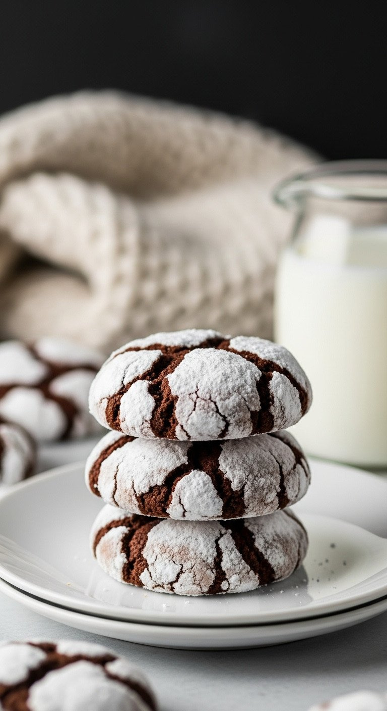 A Cozy Macro Shot Of A Stack Of Chocolate Crinkle Cookies Dusted With Powdered Sugar On A Simple White Ceramic Plate.