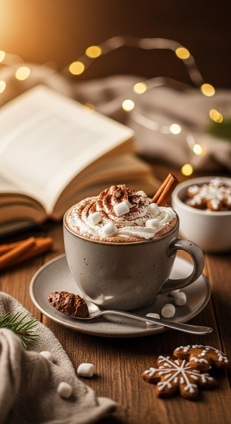 A Cozy Mug Of Rich Hot Cocoa Topped With Whipped Cream, Cocoa Powder, And Mini Marshmallows On A Rustic Table.