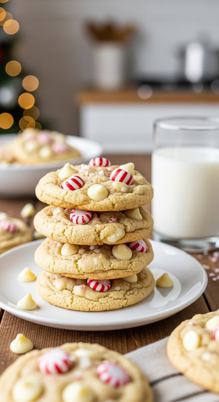 A Cozy Stack Of Soft-Baked White Chocolate Peppermint Cookies Studded With Candy Cane Pieces On A White Plate.