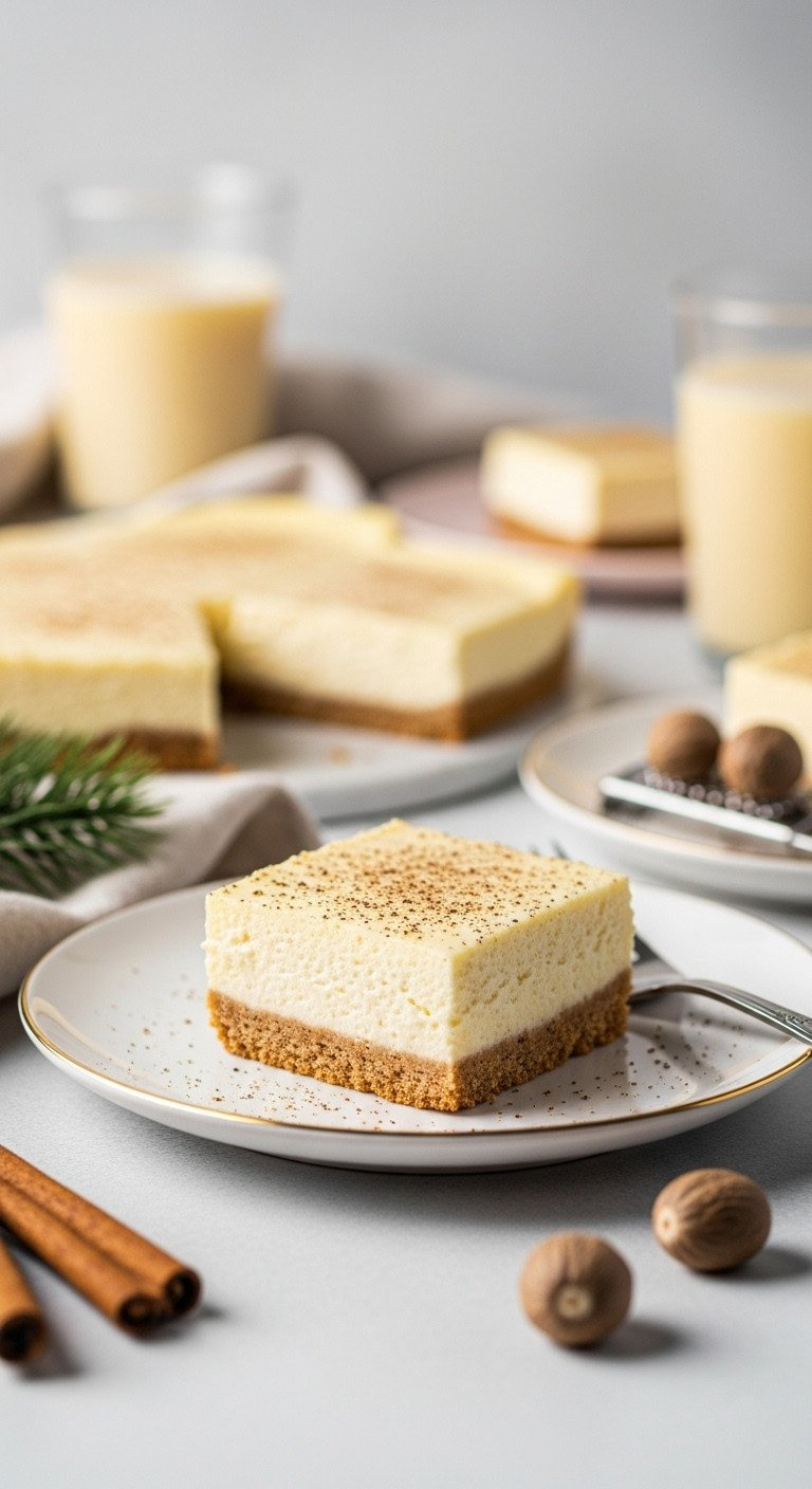 A Creamy Eggnog Cheesecake Bar On A Spiced Cookie Crust, Dusted With Nutmeg And Served On A Festive Gold-Rimmed Plate.