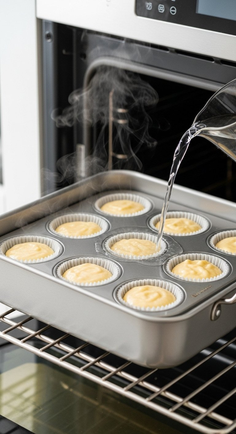 A Cupcake Tin Filled With Cheesecake Batter Sits In A Roasting Pan Filled With Hot Water Steam On An Oven Rack.