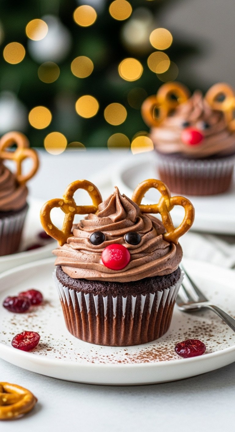 A Cute Chocolate Reindeer Cupcake With Pretzel Antlers And A Red Candy Nose On A Plate Before A Blurred Christmas Tree.