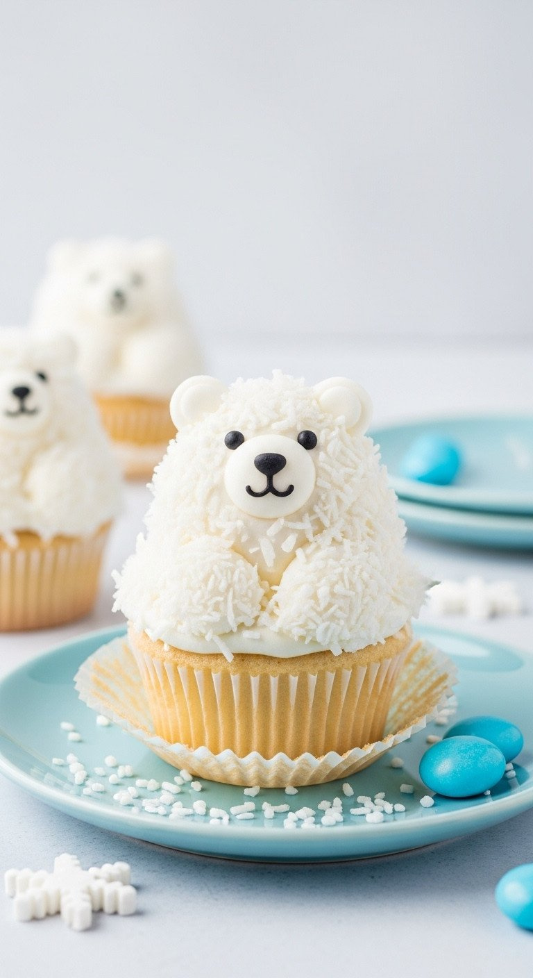 A Cute Polar Bear Cupcake With Fluffy White Frosting And Shredded Coconut Fur On A Light Blue Plate For A Winter Theme.