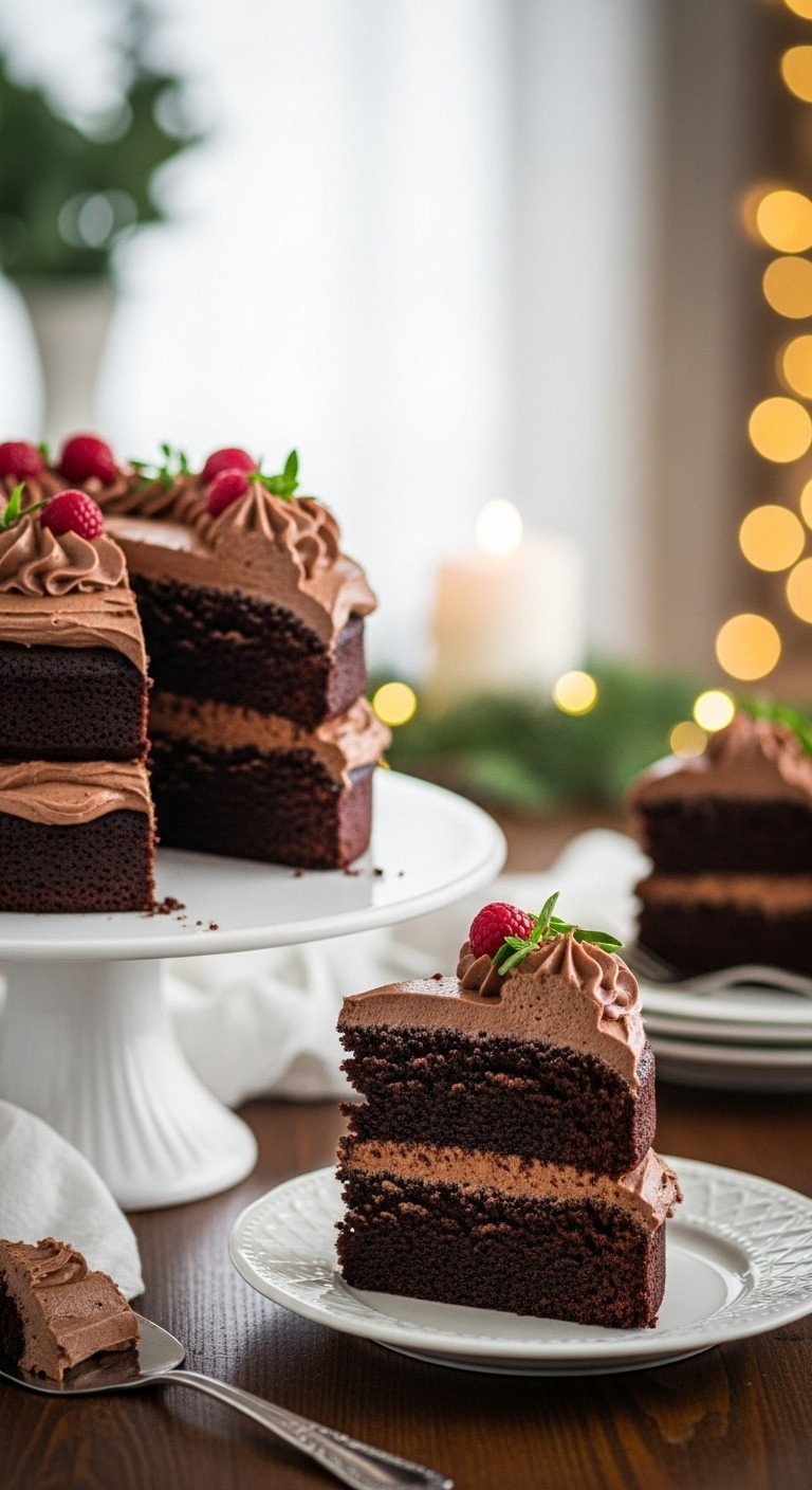 A Dairy-Free Chocolate Layer Cake With Glossy Frosting On A White Stand, With One Slice Cut And Placed Next To The Cake.
