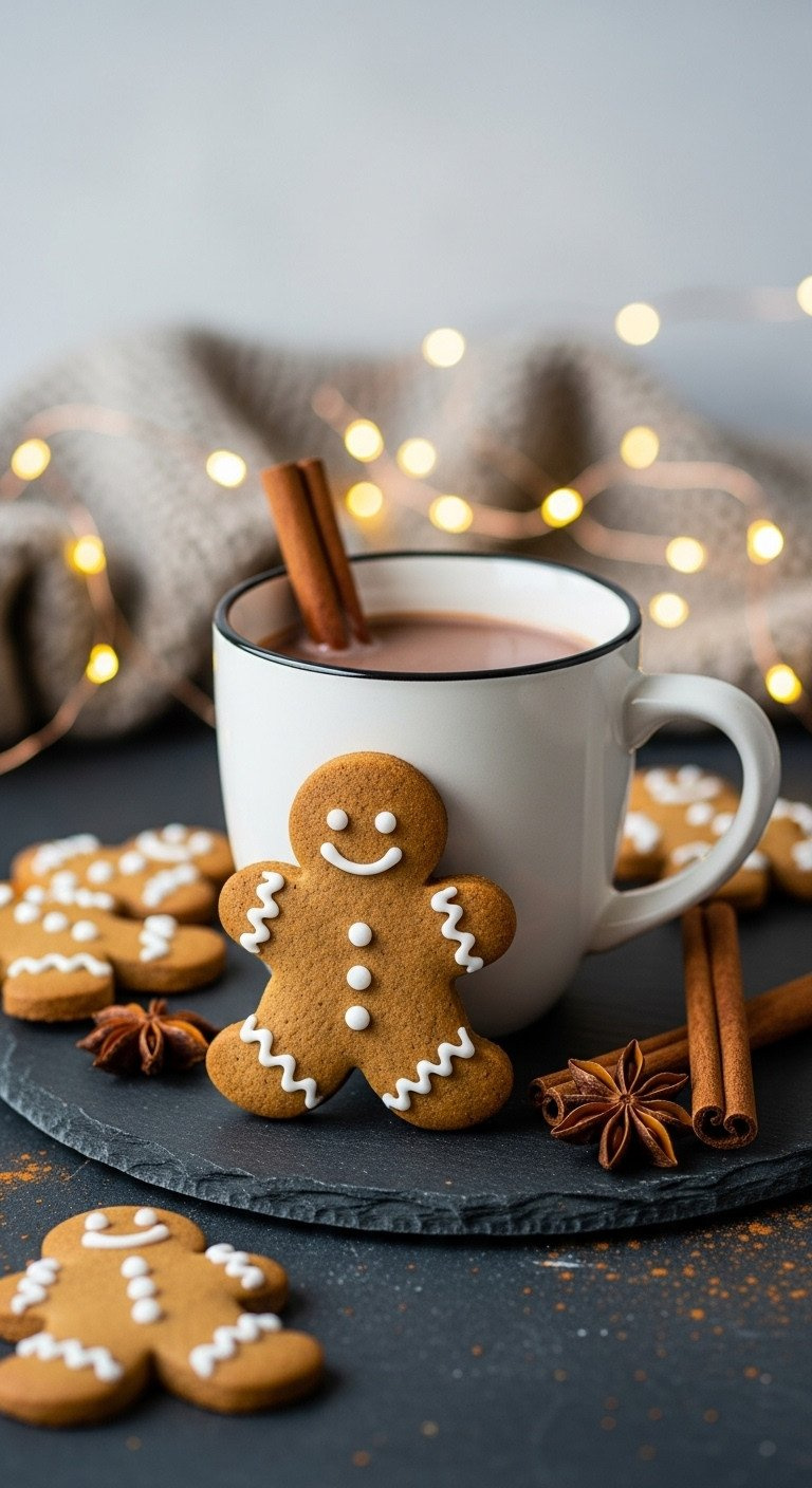 A Dairy-Free Gingerbread Man Cookie With White Icing Leans Against A Mug Of Hot Cocoa On A Dark Slate Surface With Spices.