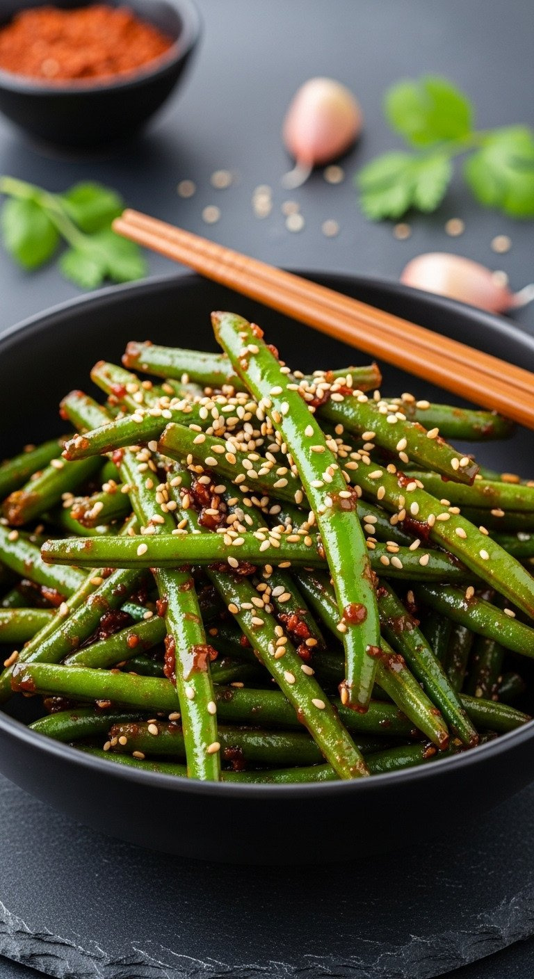 A Dark Bowl Of Spicy Asian Garlic Green Beans In A Glossy Sauce, Topped With Toasted Sesame Seeds, With Chopsticks.