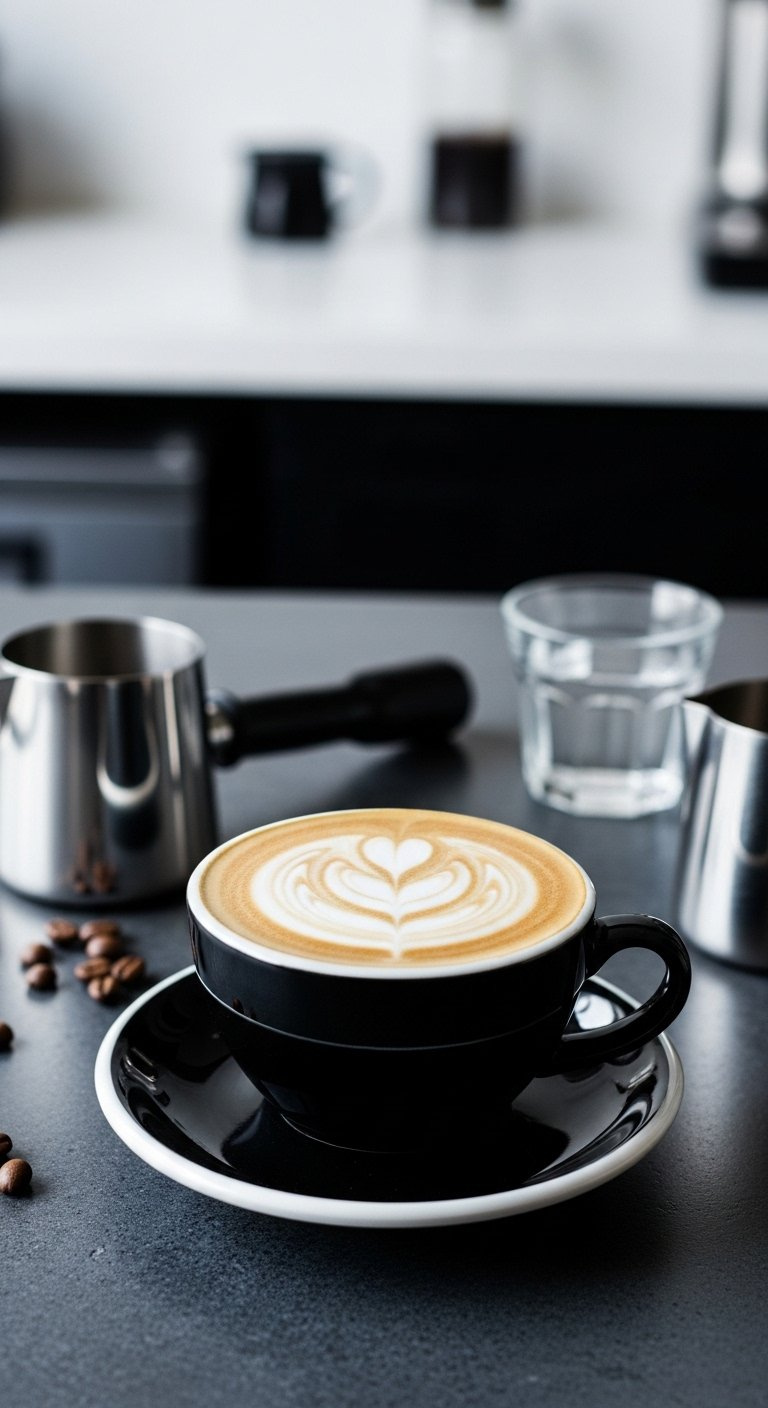 A Dark Ceramic Cup Holding A Pristine Flat White With A Smooth Velvety Microfoam Surface And Latte Art Design.