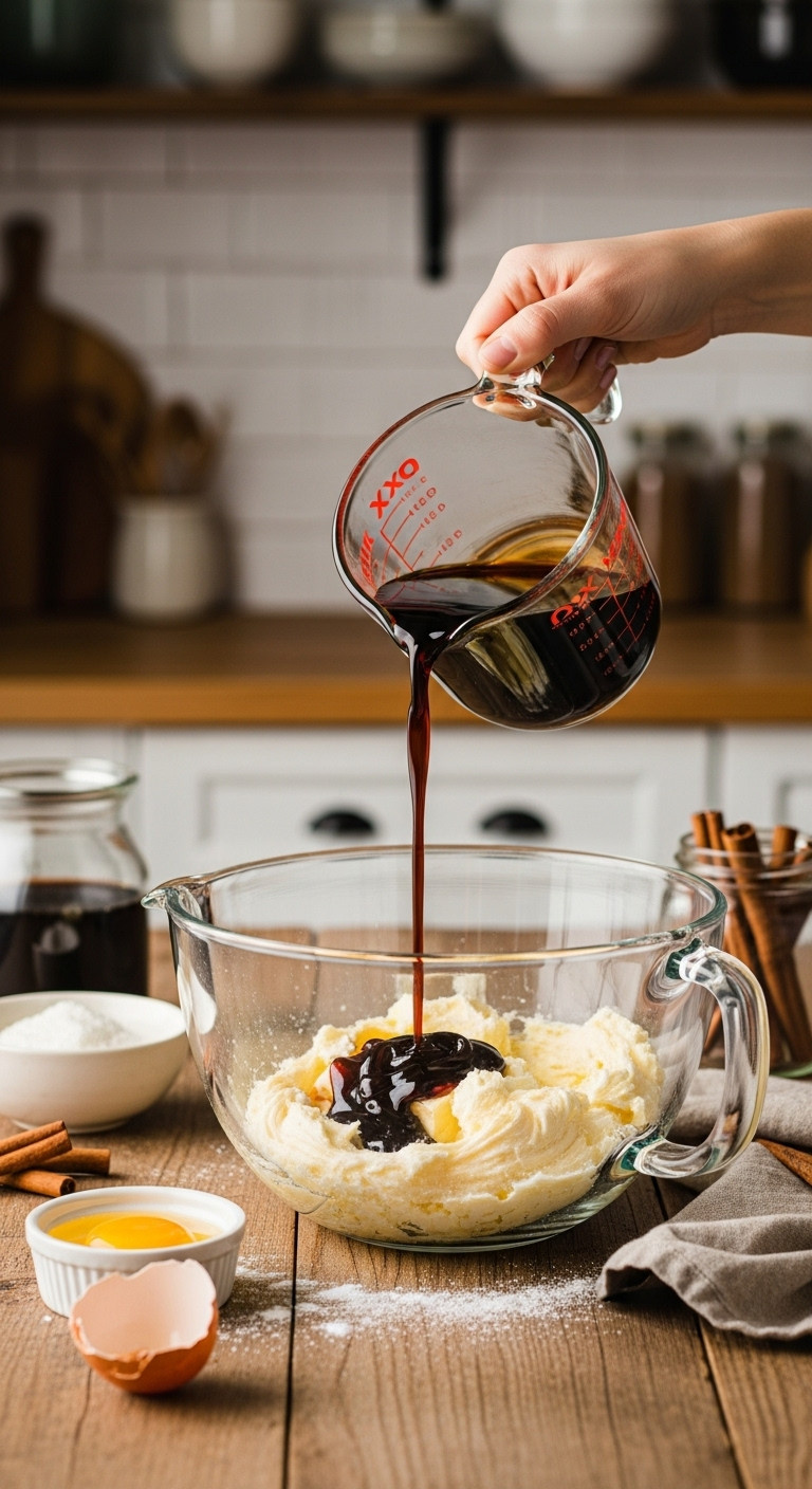 A Dark Stream Of Molasses Is Poured From A Glass Measuring Cup Into A Stand Mixer Bowl With Creamed Butter And Sugar.